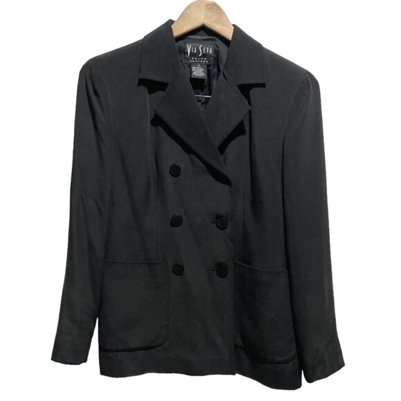 Via Seta Suites Petites Black Button Front Silk Blazer Size 4 - Picture 1 of 4